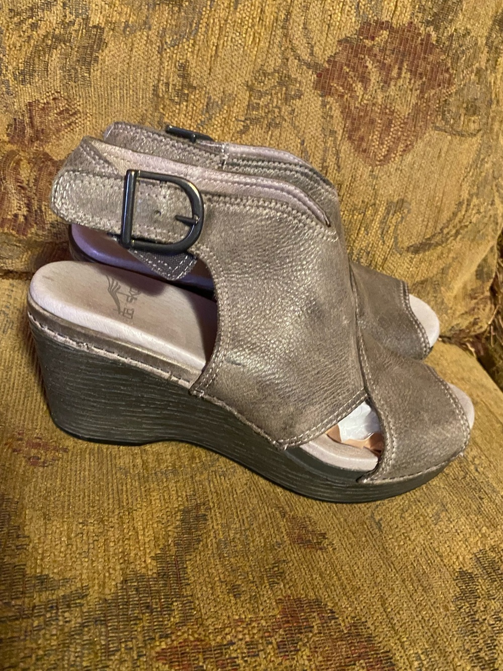Dansko Vanda Distressed Leather Peep Toe Platform Wedge Sandal Grey Size 38